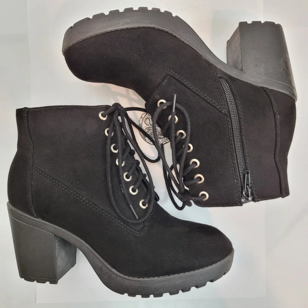 Platform Ankle Boots Womens Black Suede Lace Up Lug Sole Block Heel